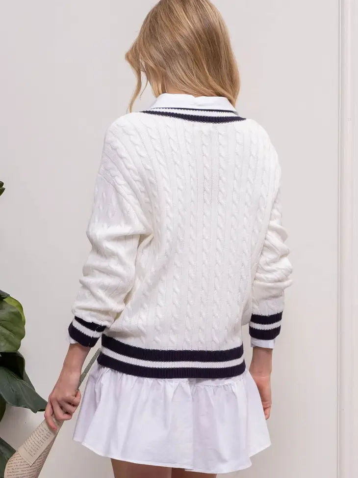 White V Neck Striped Trim Sweater